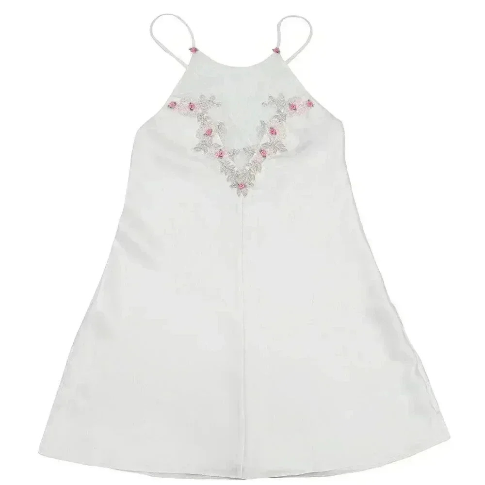 Reworked White & Pink Rose‎ Slip Short Dress Size Small Bridal Satin Slip Dress - Picture 3 of 4